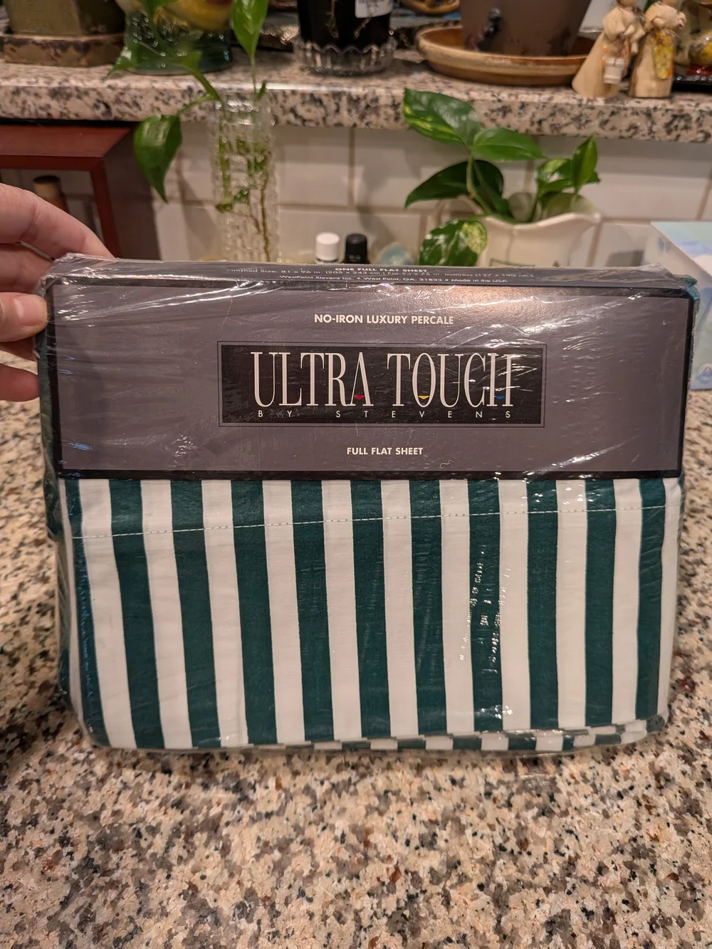 Ultra Touch/Stevens NOS Stripe Bedding in Hunter Green and White Full Flat Sheet